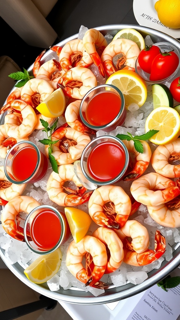 A sophisticated shrimp platter with chilled shrimp, cocktail sauce, lemon wedges, and fresh vegetables on ice.